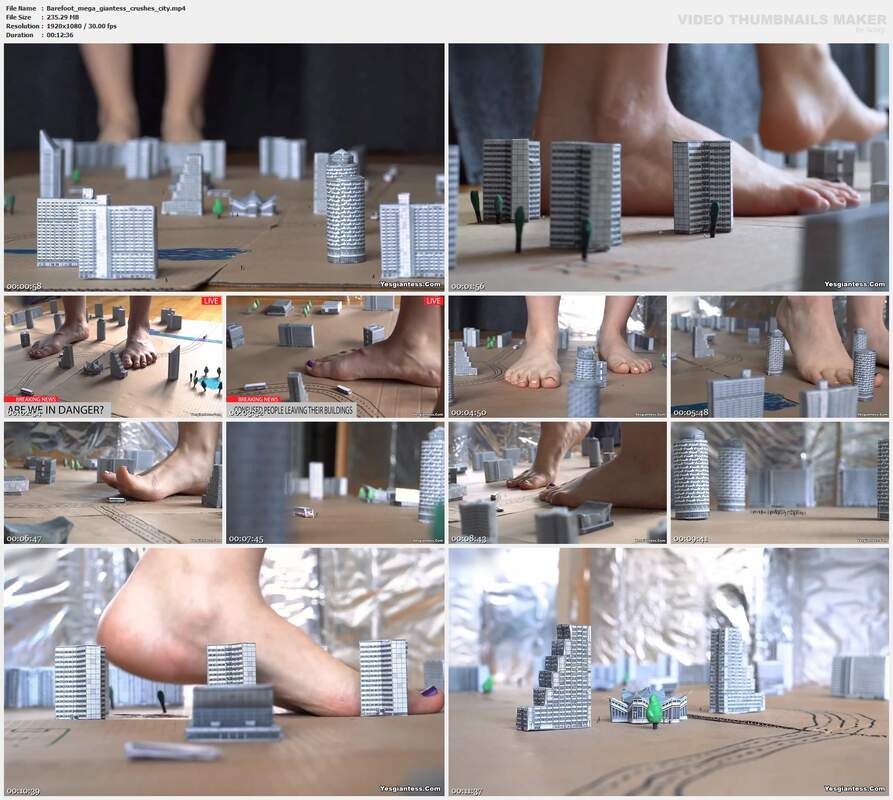 Barefoot mega giantess crushes city